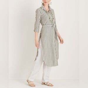 Chico's Grey Striped Linen Blend Button-Up Maxi Tunic